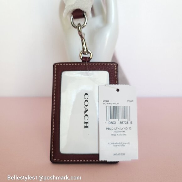 COACH Lanyard ID Pebbled Leather w Webbing Strap- Wine multi⭐ - Picture 14 of 14